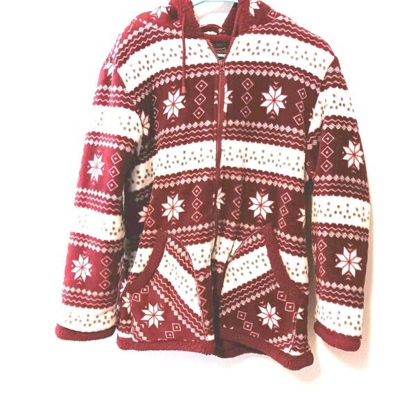 Trail Crest Fleece Hoodie M Nordic Snowflake Fair Isle Red White Sherpa Lined... - Picture 2 of 12